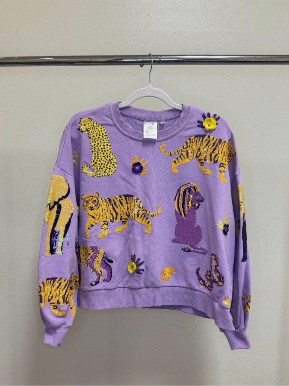 QUEEN OF SPARKLES Lavender Tiger & Animal Appliqué Sweatshirt